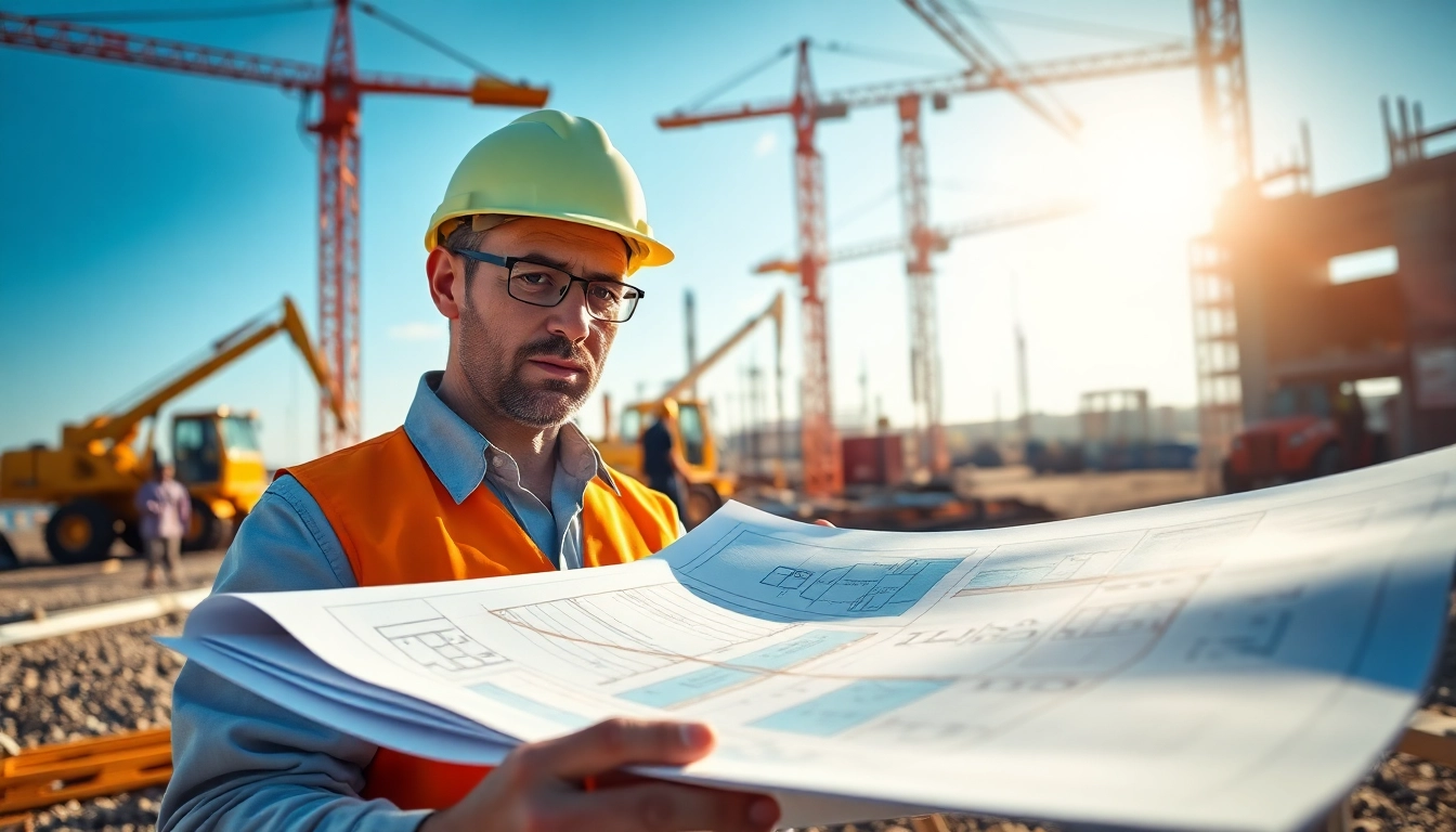 Construction quality management in action as a manager reviews plans on a busy site.
