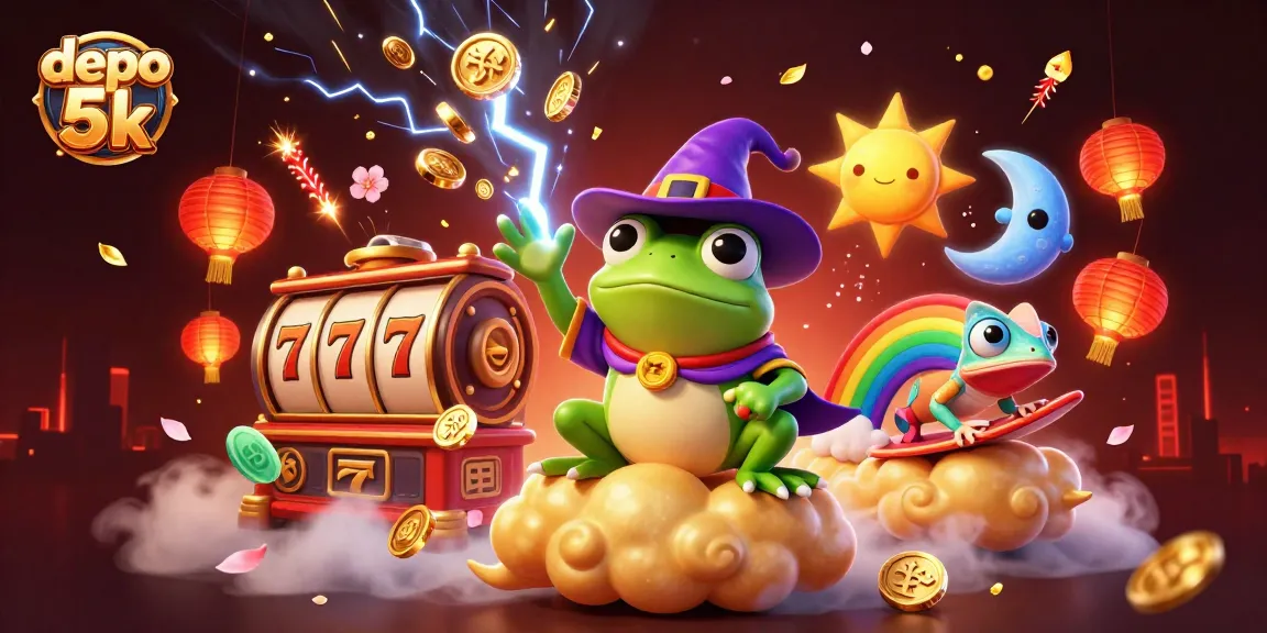 Experience the thrilling spin of depo 5k with vibrant casino elements and mystical characters celebrating wins.