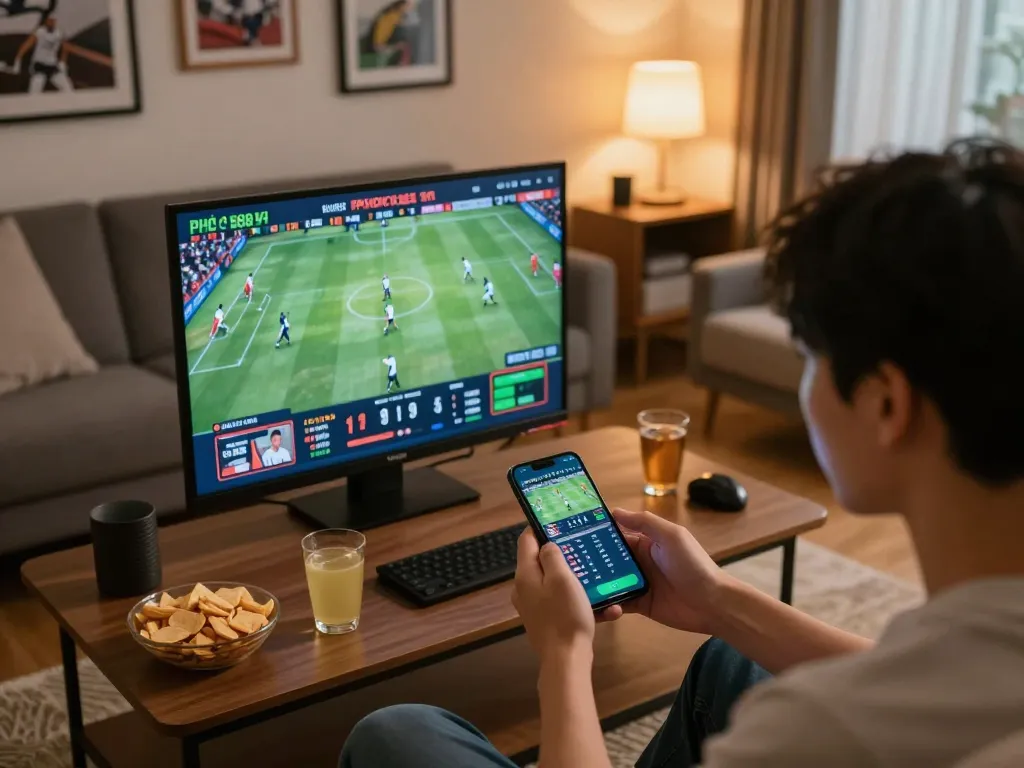 Engaged user making strategic bets with nhà cái 888VI in cozy home environment.