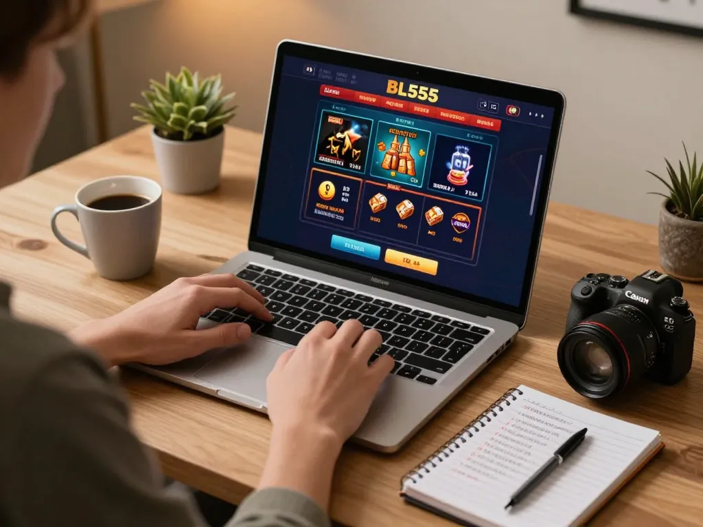Player engaging with BL555 casino games on a laptop, showcasing online betting strategy.