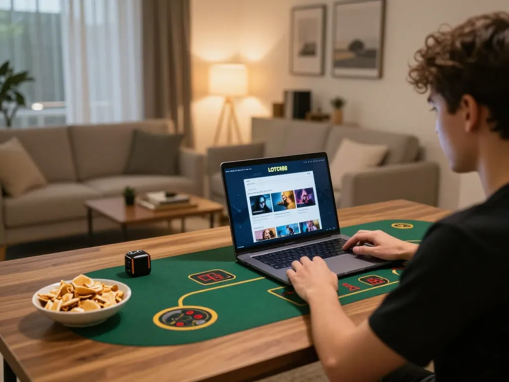 Engaging online gameplay using LOTO188 LINK in a cozy home setup with snacks and warm lighting.