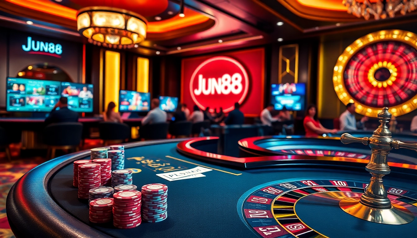 Engaging poker game experience at Jun88 Casino, showcasing excitement and luxury.