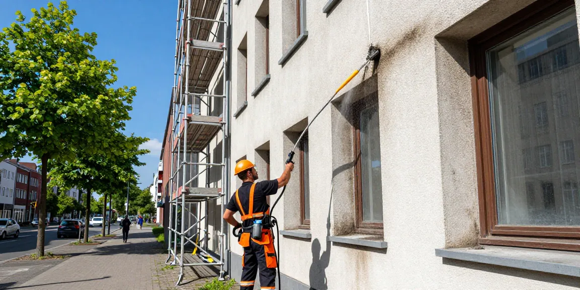 Fassadenreinigung Firma in Dortmund entfernt Schmutz von einem Gebäude mit Hochdruckreinigung.
