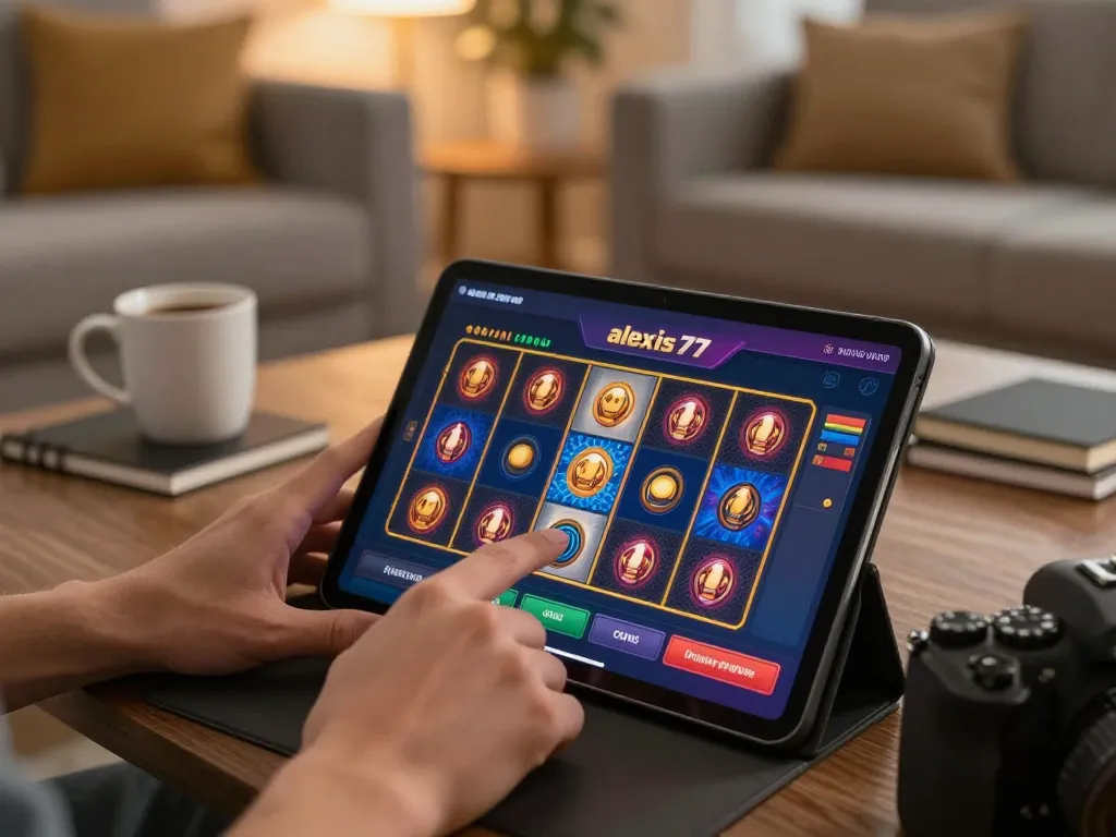 Engaging in online gaming with alexis77 app on tablet, showcasing vivid slot game interface.