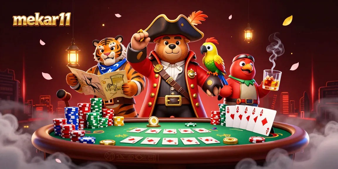 Join the mekar11 adventure with the pirate captain bear, the fierce tiger, and treasure map amidst casino chips.