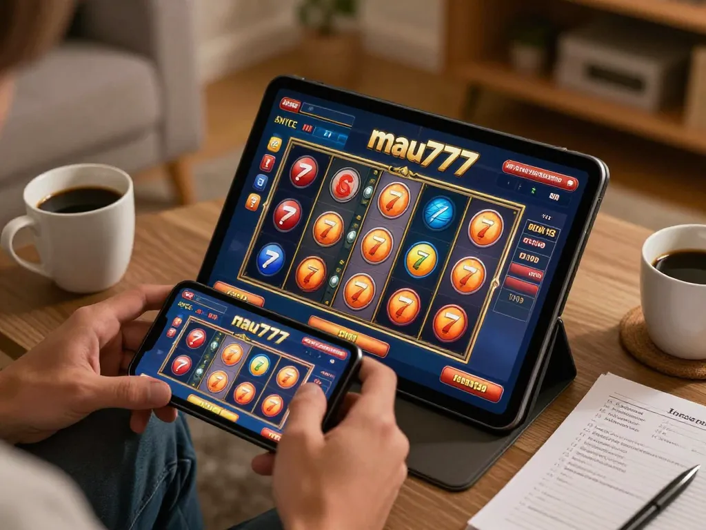 Engaging online gameplay on mau777 slot with tablet in cozy setting, showcasing winning potential