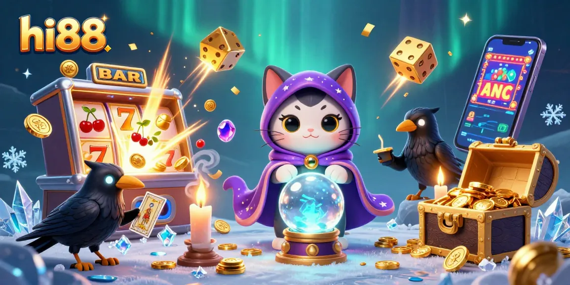 Engage in thrilling gaming adventures at hi88 with a vibrant illustration of a mystical cat and energetic raven.