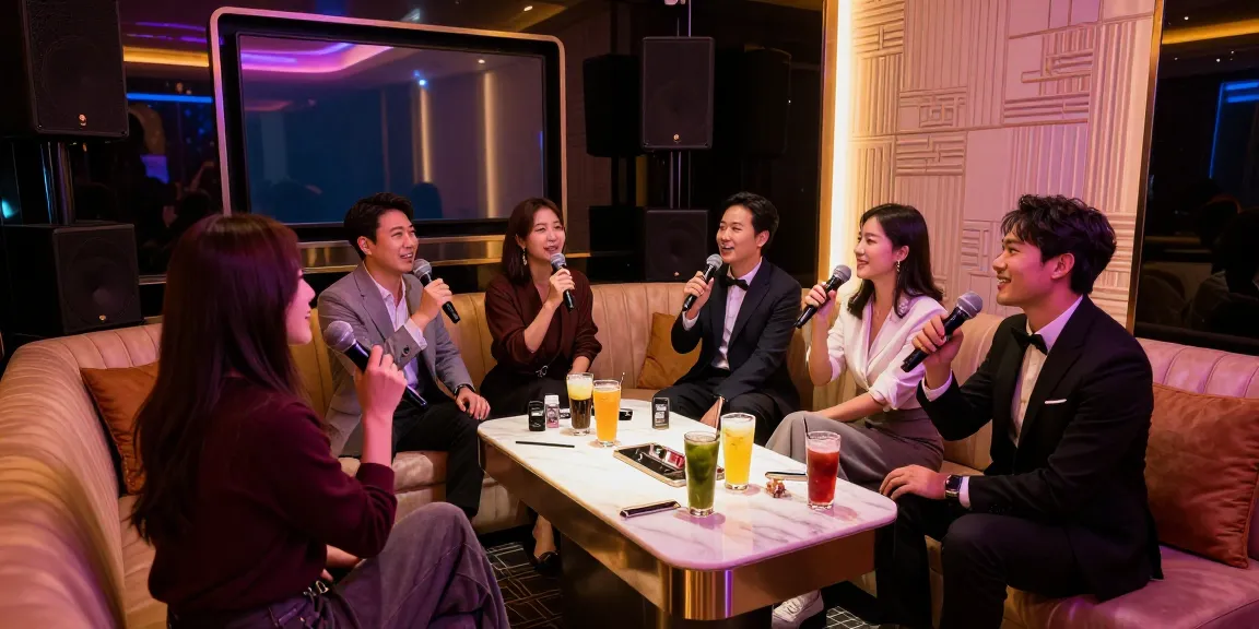 강남가라오케에서 즐거운 사교 모임을 하는 모습, 고급스러운 룸과 현대적인 조명.