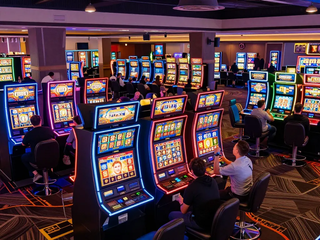 Players celebrating wins at colorful slot gacor machines in a lively casino environment.