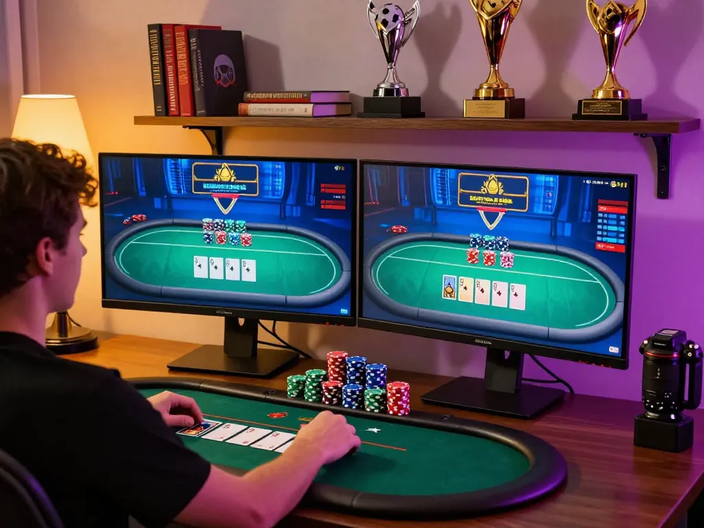 Okwintv energizes online poker gameplay in a modern, stylish desktop setting with dual monitors.