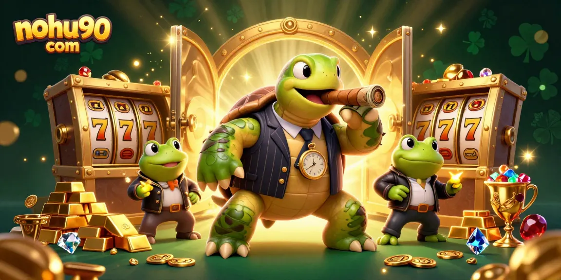 Nohu90 com showcases a lively casino scene with a snapping turtle and frog enforcers amid gold and jackpot excitement.