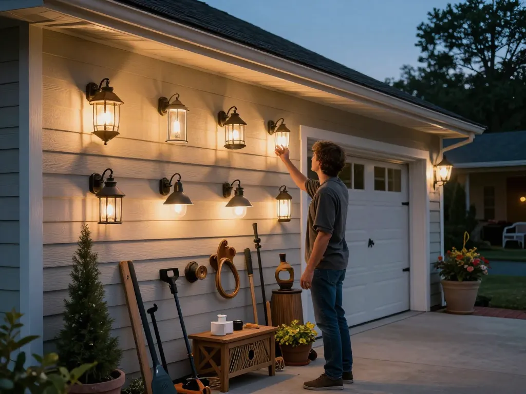 Outdoor garage lights selection showcasing stylish fixtures in a welcoming evening setting.