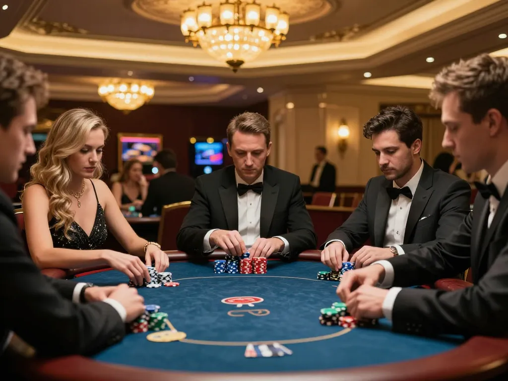 vipwin players strategize in a high-stakes poker game at a luxurious casino table