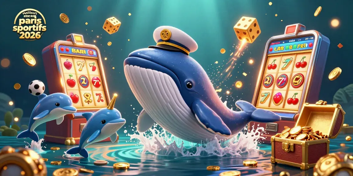 Illustration des meilleurs sites de paris sportifs 2026 avec une baleine et des dauphins.