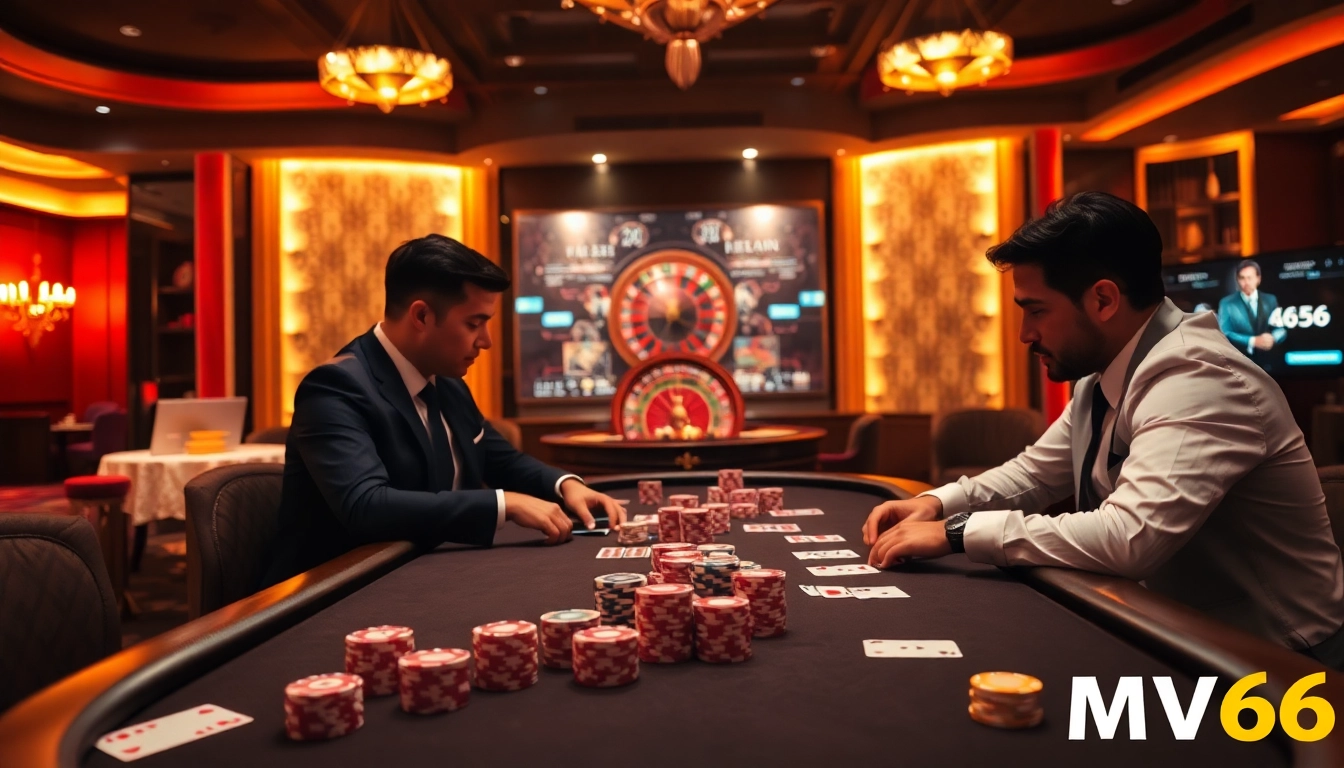 Engaging poker game showcasing Nhà cái MV66 with vibrant chips and luxurious casino elements.