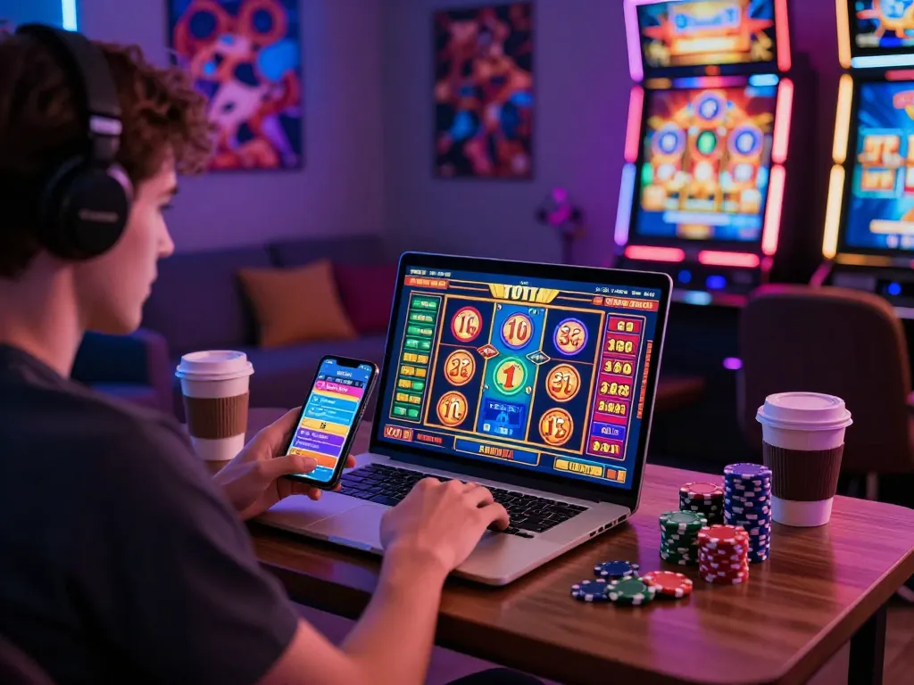 Online gaming room depicting wraungtoto betting excitement with vibrant visuals and cozy atmosphere.