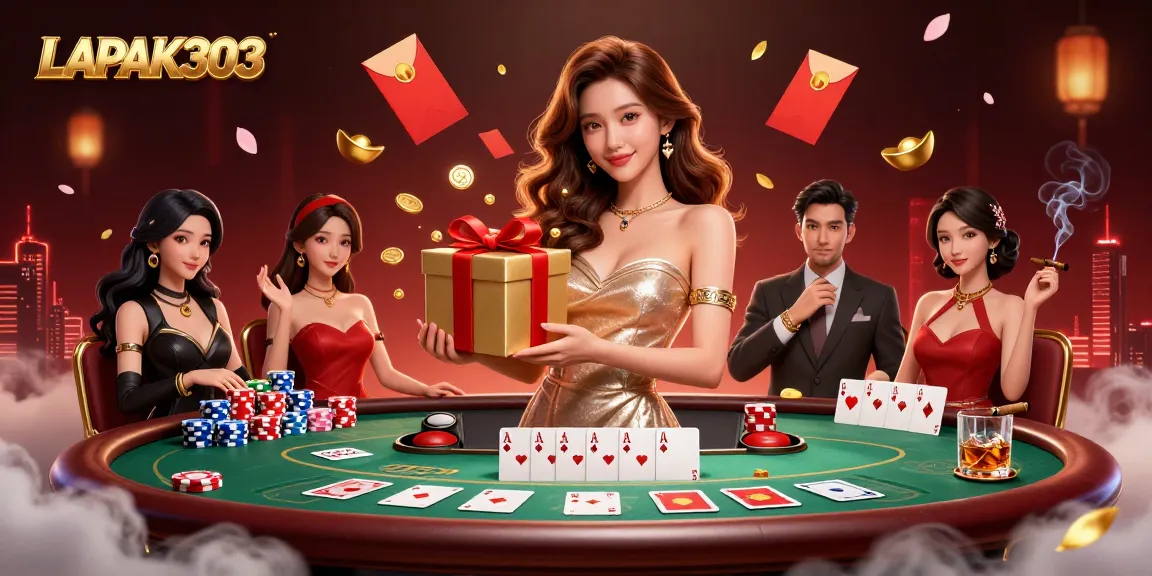 LAPAK303 showcases a stunning 3D rendering of a vibrant Lunar New Year casino scene with poker elements.