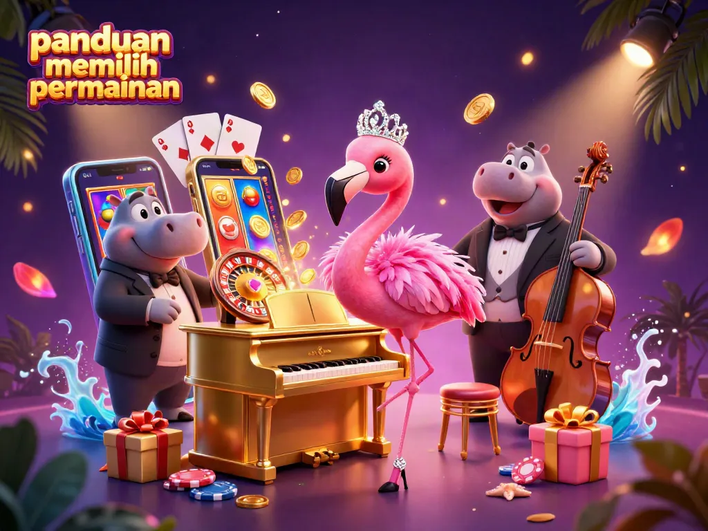 Ilustrasi panduan memilih permainan dengan flamingo penyanyi dan hippo bassist di kasino.