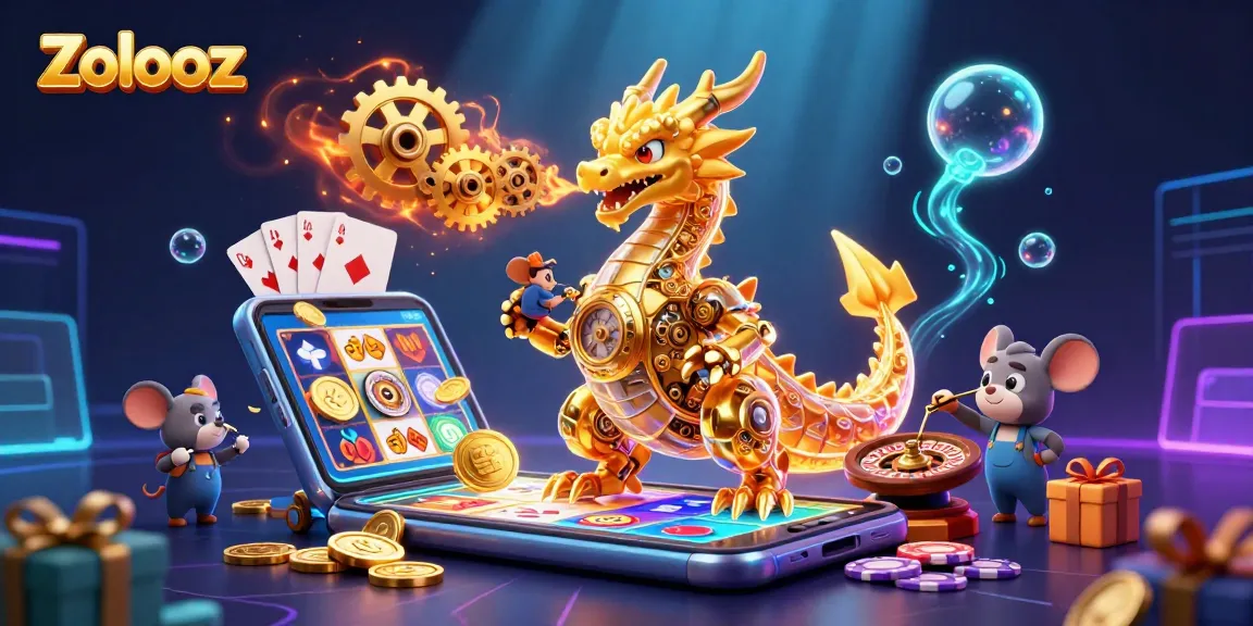 Zolooz dragon celebrates with vibrant slot games and golden coins in action-packed 3D illustration.