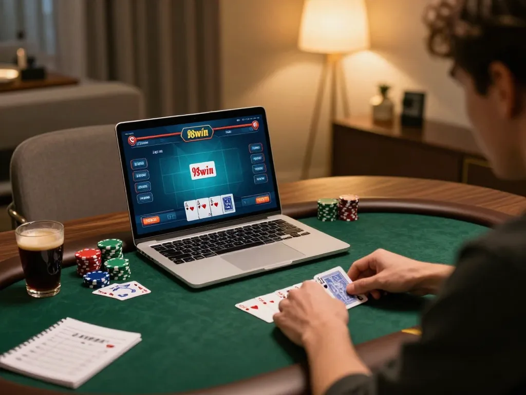 Engaging online poker game on 98win, focused player analyzing cards and strategy notes.