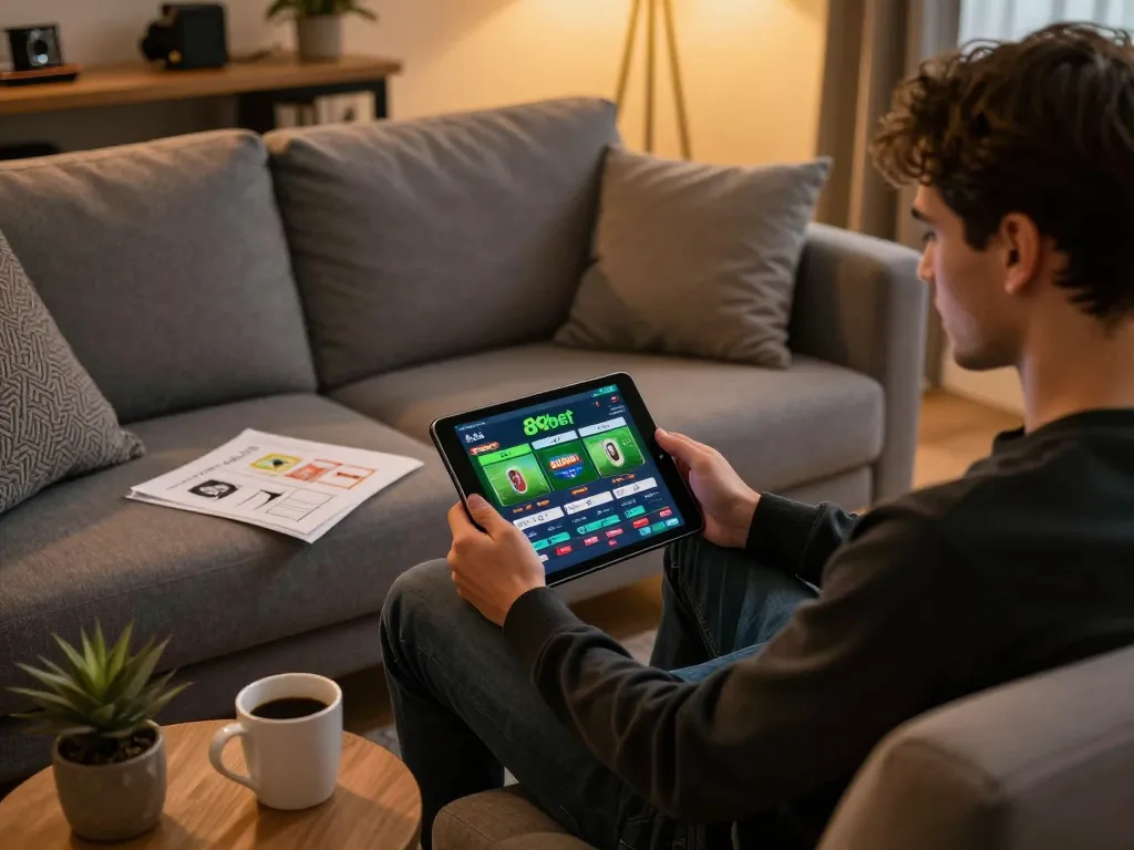Engaged player using the 8xbet app for sports betting on a cozy home sofa.