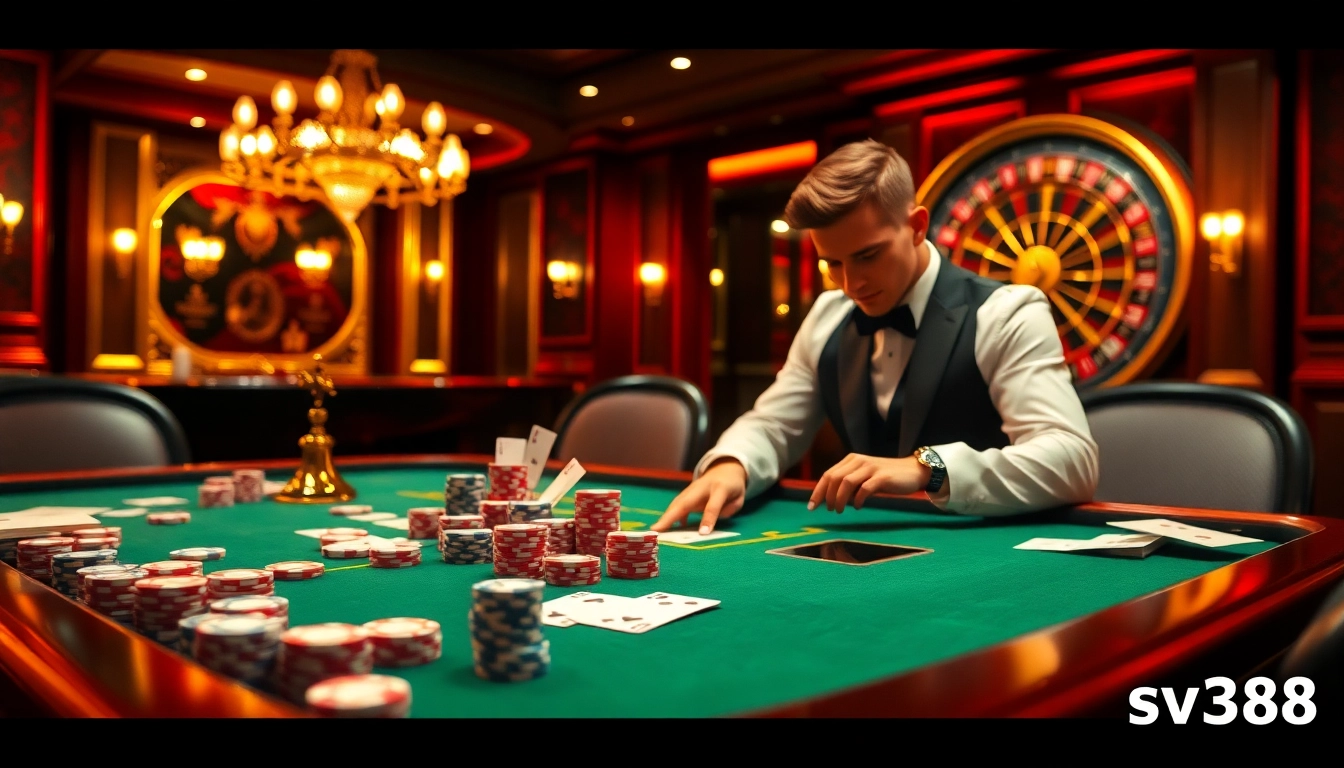 Exciting gambling scene at SV388 casino with poker chips and roulette.