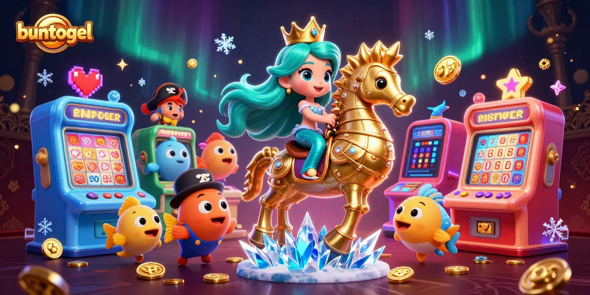 Menghadirkan pengalaman bermain lotere dengan buntogel, putri duyung dan kuda laut berlapis emas mengelilingi mesin permainan.