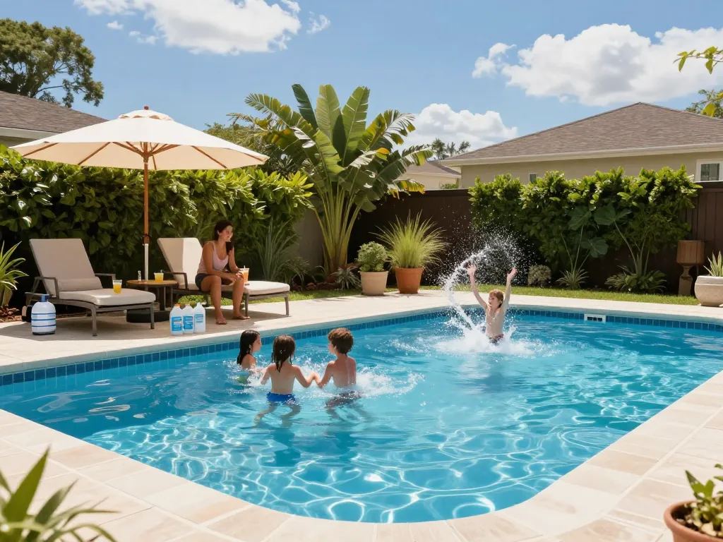 Dolphin Pool Services caring for a vibrant family pool with services highlighted in a sunny backyard