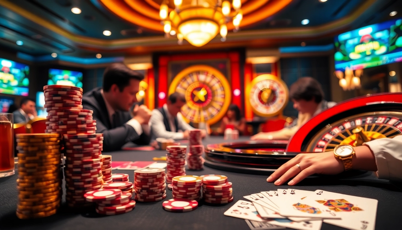 Playing poker at rr88 casino table with chips and cards under vibrant lighting.