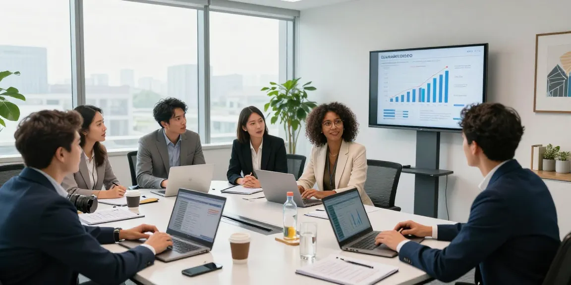 Team collaborating on DJARUM BOS strategies in a modern office setting.