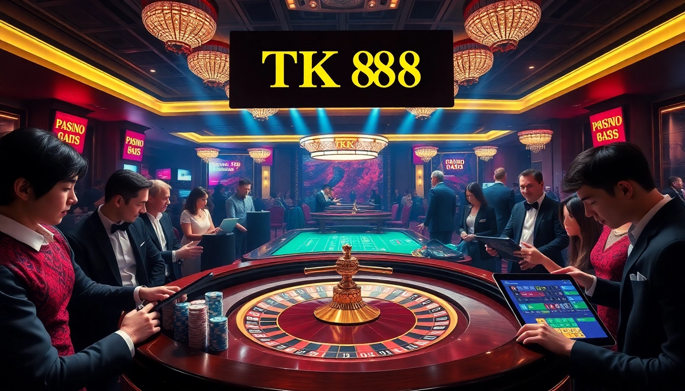 Experience the thrill of TK 88 as players compete at a glamorous casino roulette table.