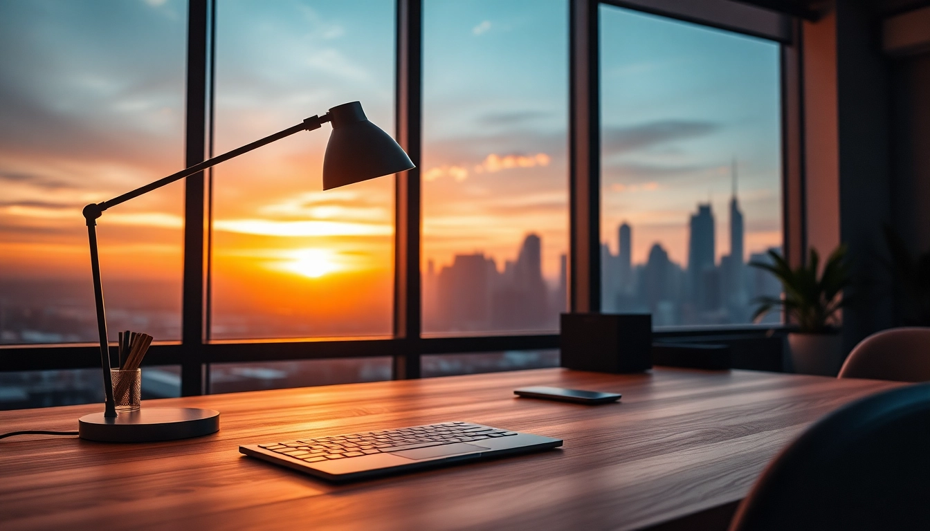 Brightly lit workspace showcasing ELC Lamps Online with modern design elements.