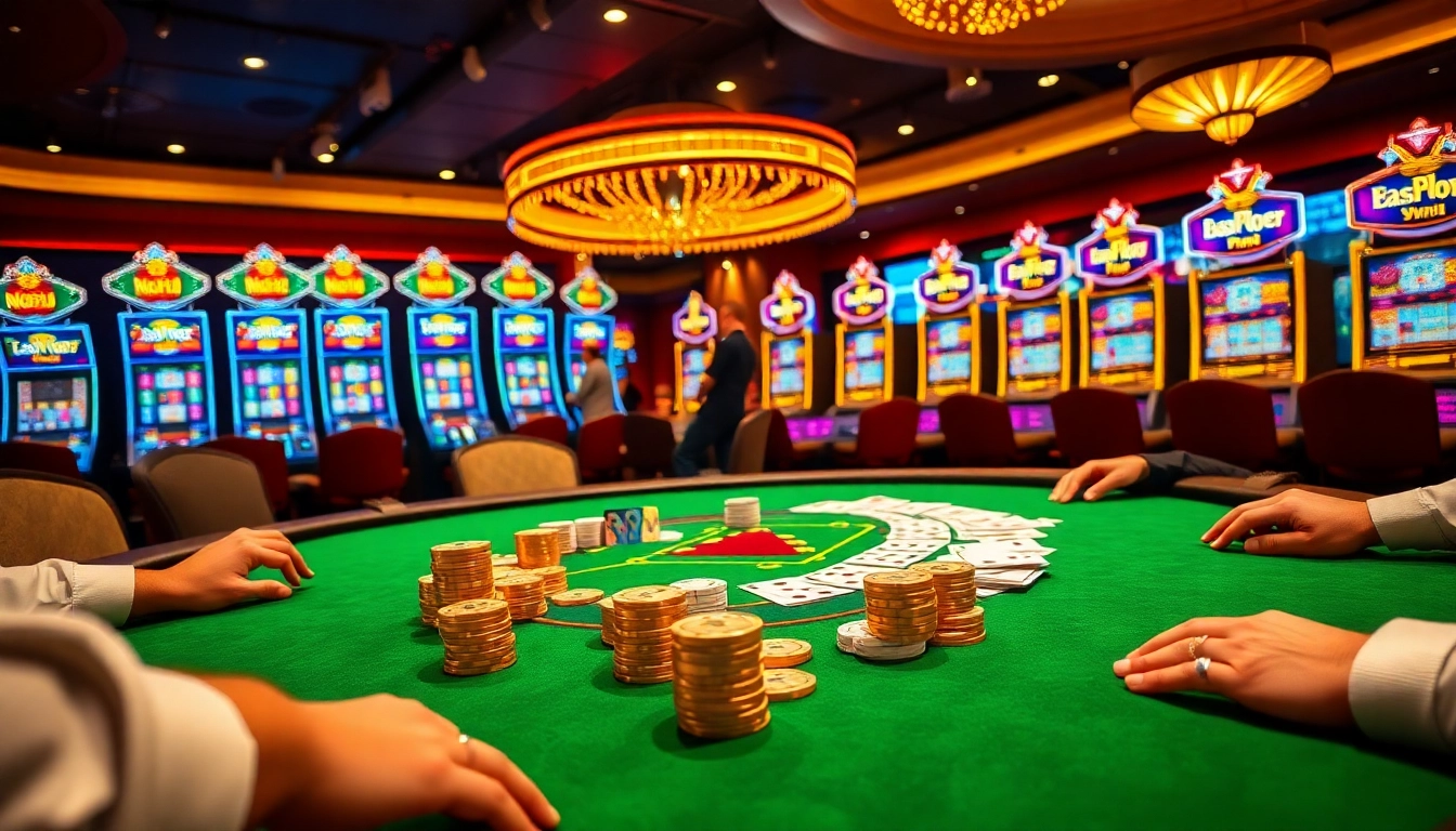 Experience the thrilling excitement at NOHU52 with vibrant online gambling scenes featuring poker tables and slot machines.