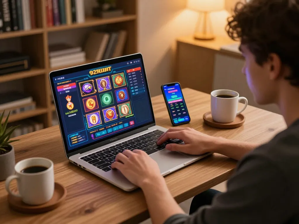 Engaging gameplay on 92slot displayed on a laptop in a cozy home gaming environment.