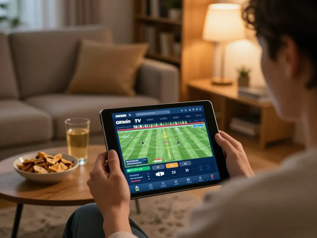 Watch live football on OKWIN TV while enjoying a cozy home environment, strategizing your bets.
