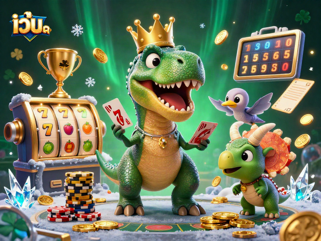 Experience epic wins at เว็บสล็อต with a colorful 3D illustration featuring T-Rex, pterodactyl, and triceratops.