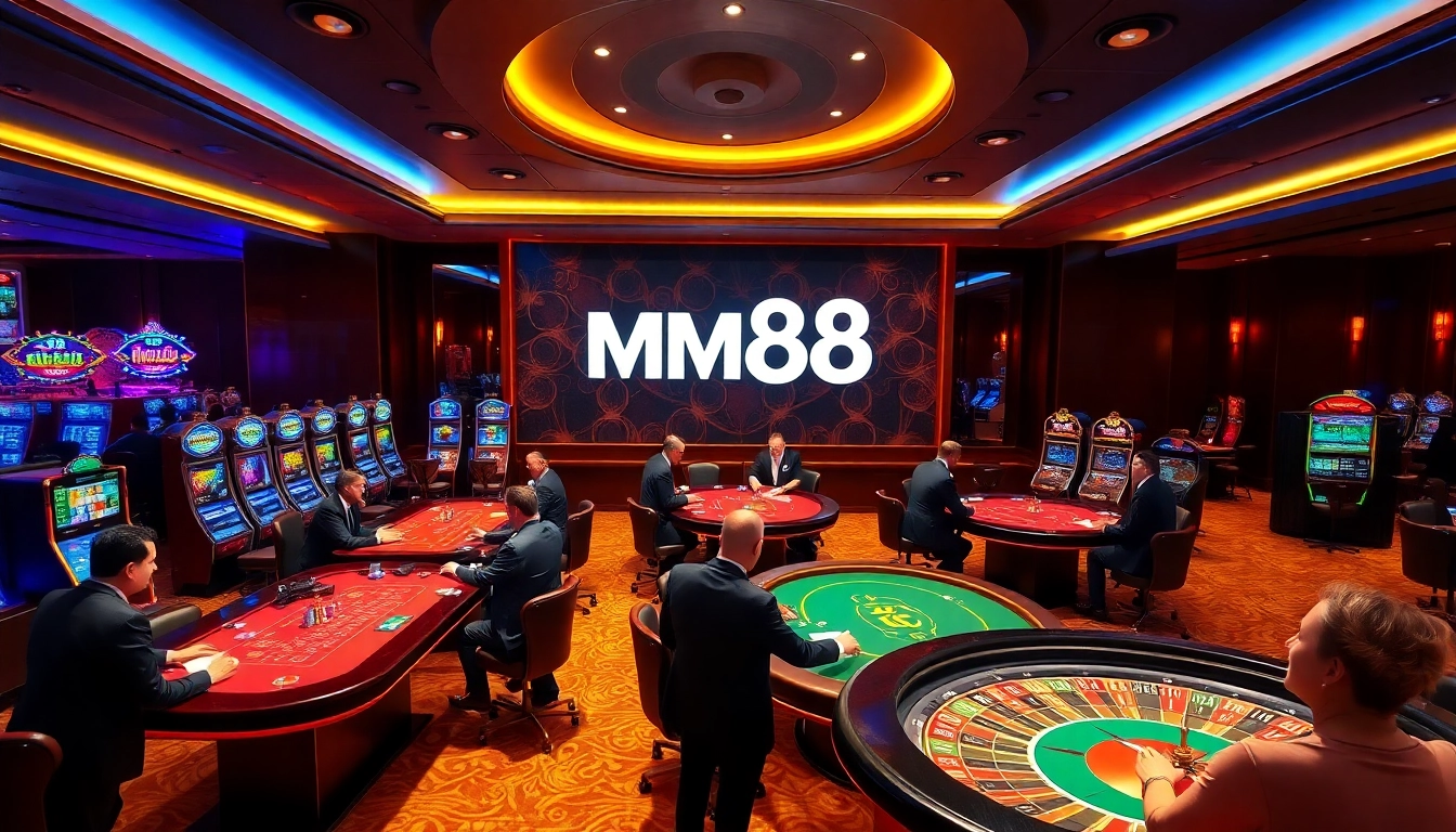 Experience thrilling gaming at MM88 with poker tables, vibrant slot machines, and excitement.