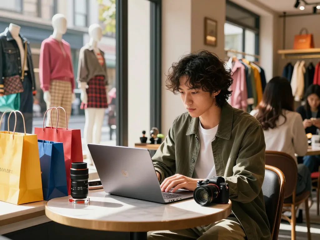 Engaging scene of a shopper exploring a 레플리카 쇼핑몰 at a café, surrounded by fashion elements and bright atmosphere.