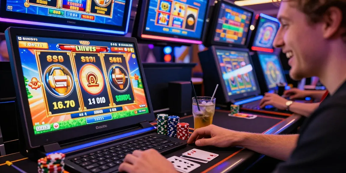 Exciting bonus buy slots gaming scene with a player engaged at a vibrant online casino.