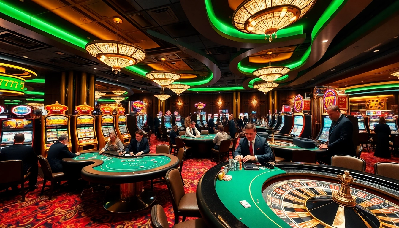 Action-packed casino scene showcasing seven77 themed slot machines and poker tables.
