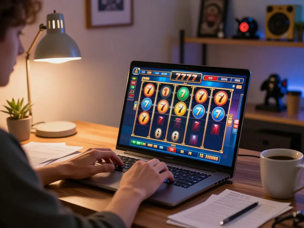 Engaging player enjoying slot777 gaming experience at home, laptop displaying vibrant slot reels