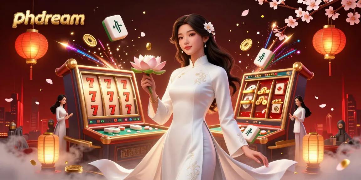 Engage with phdream's captivating slots experience featuring an elegant Asian woman amidst vibrant casino elements.