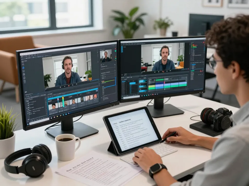 Professional analyzing video to prompt technology in a bright office setting.