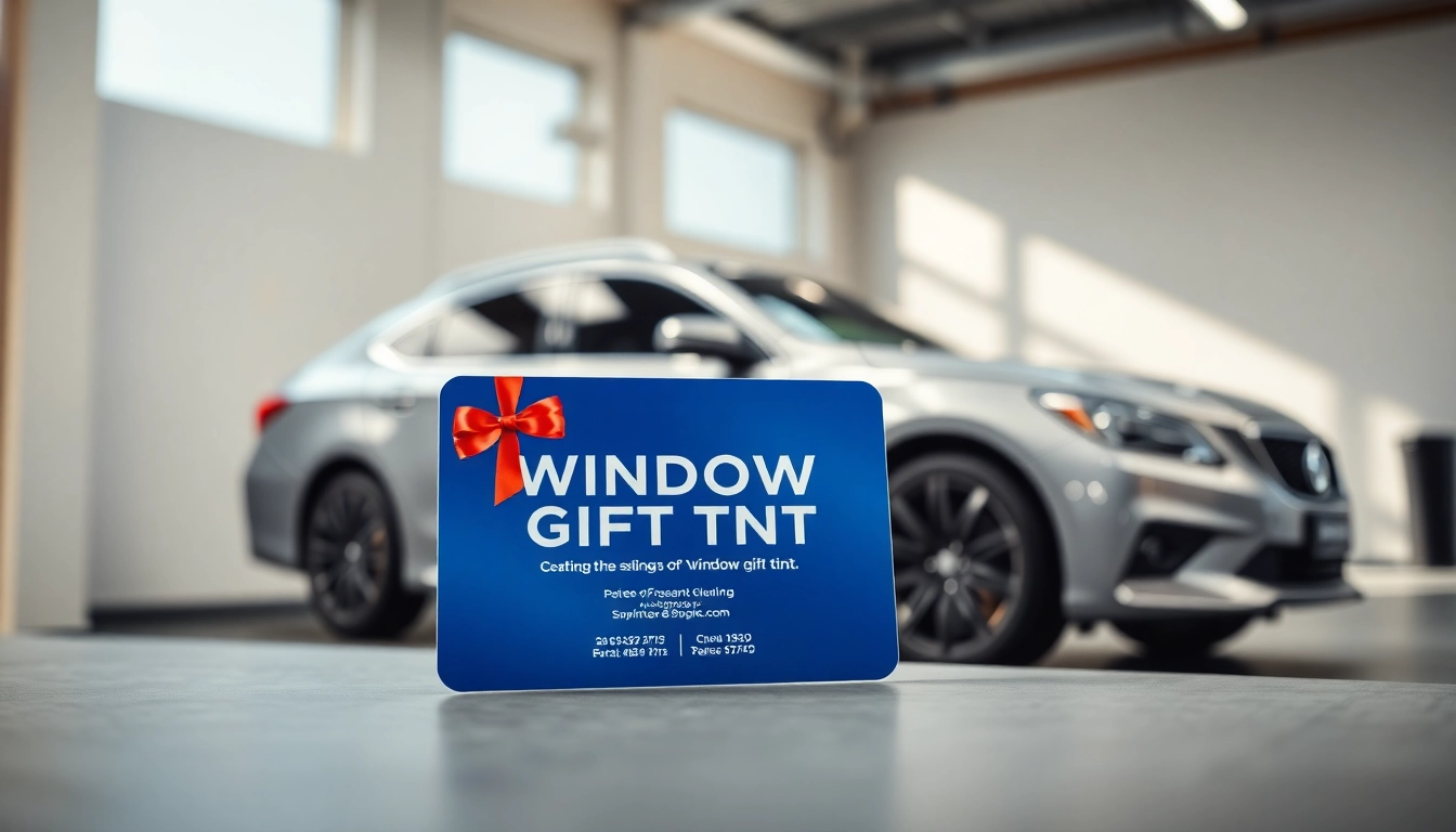 Gift card for window tint services featuring sleek design and elegant car backdrop.