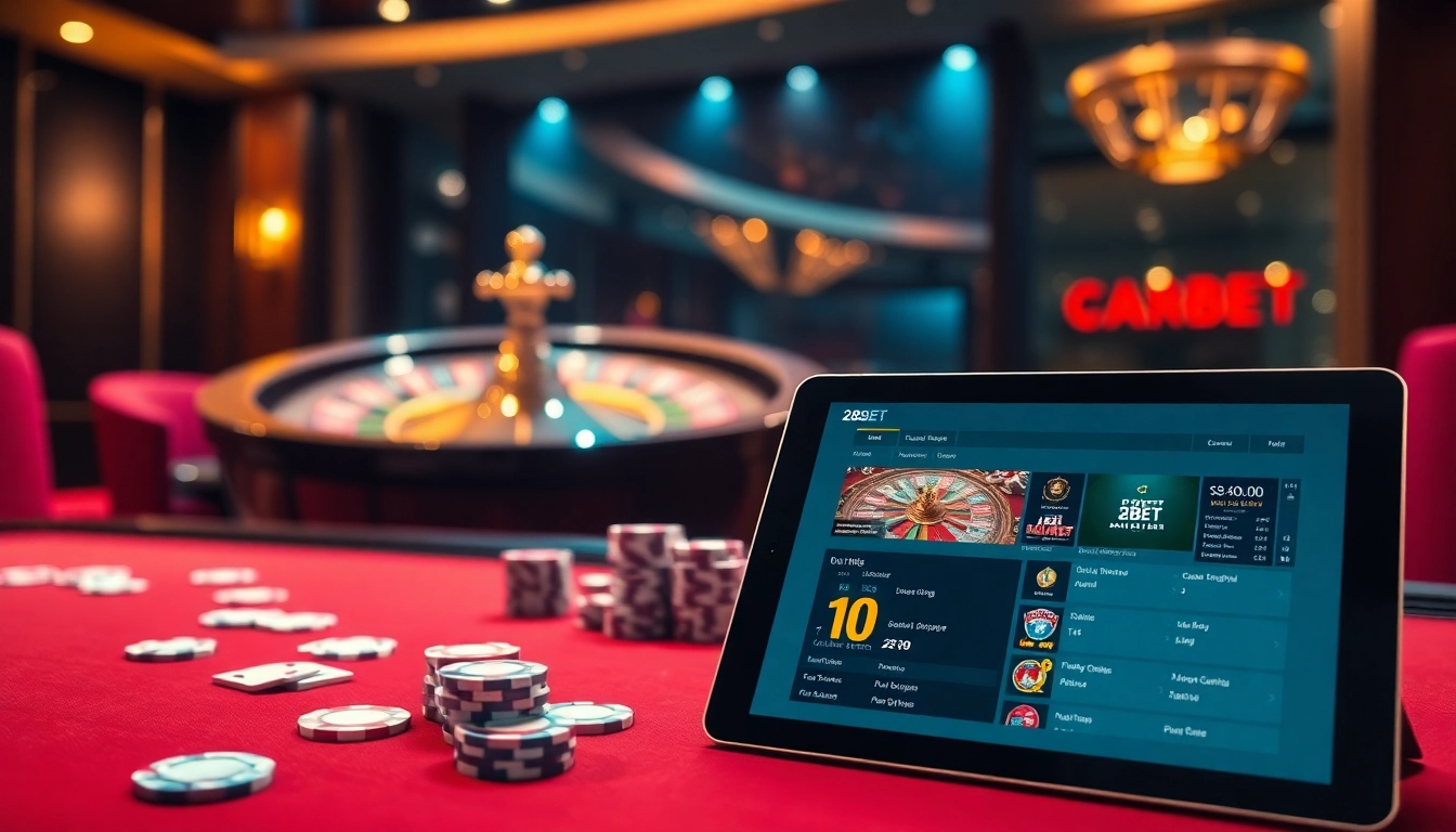 Engaging casino scene showcasing 28BET betting options with poker chips and cards.