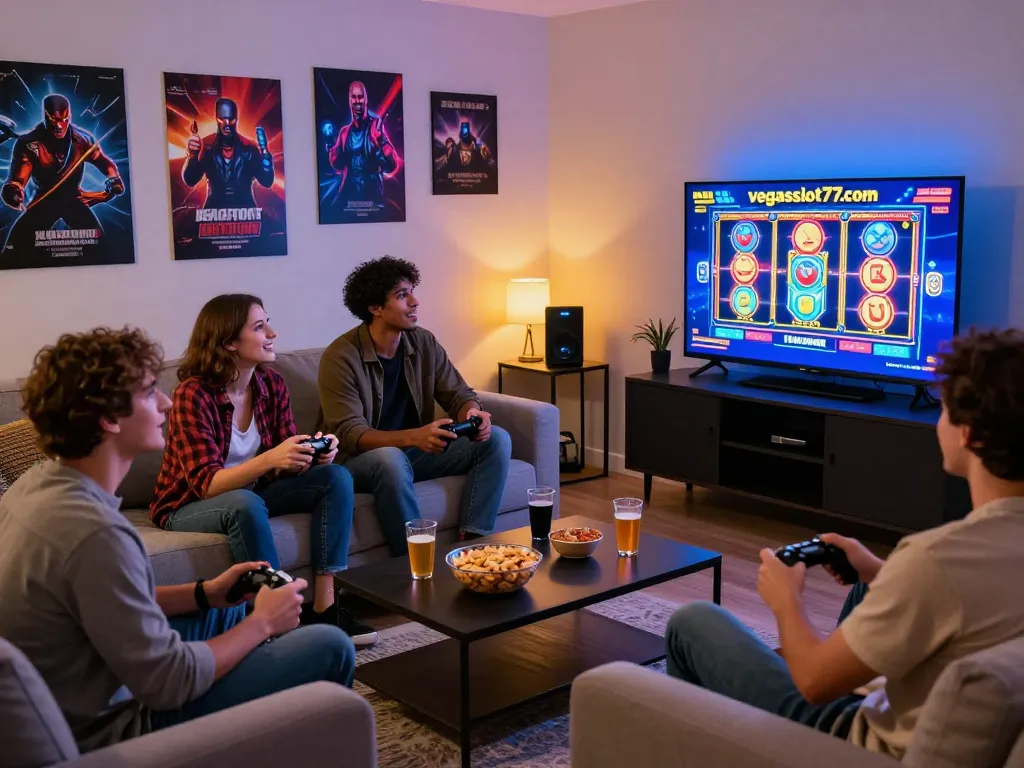 Engaging group of friends playing a slot game on vegasslot77.com in a cozy living room.
