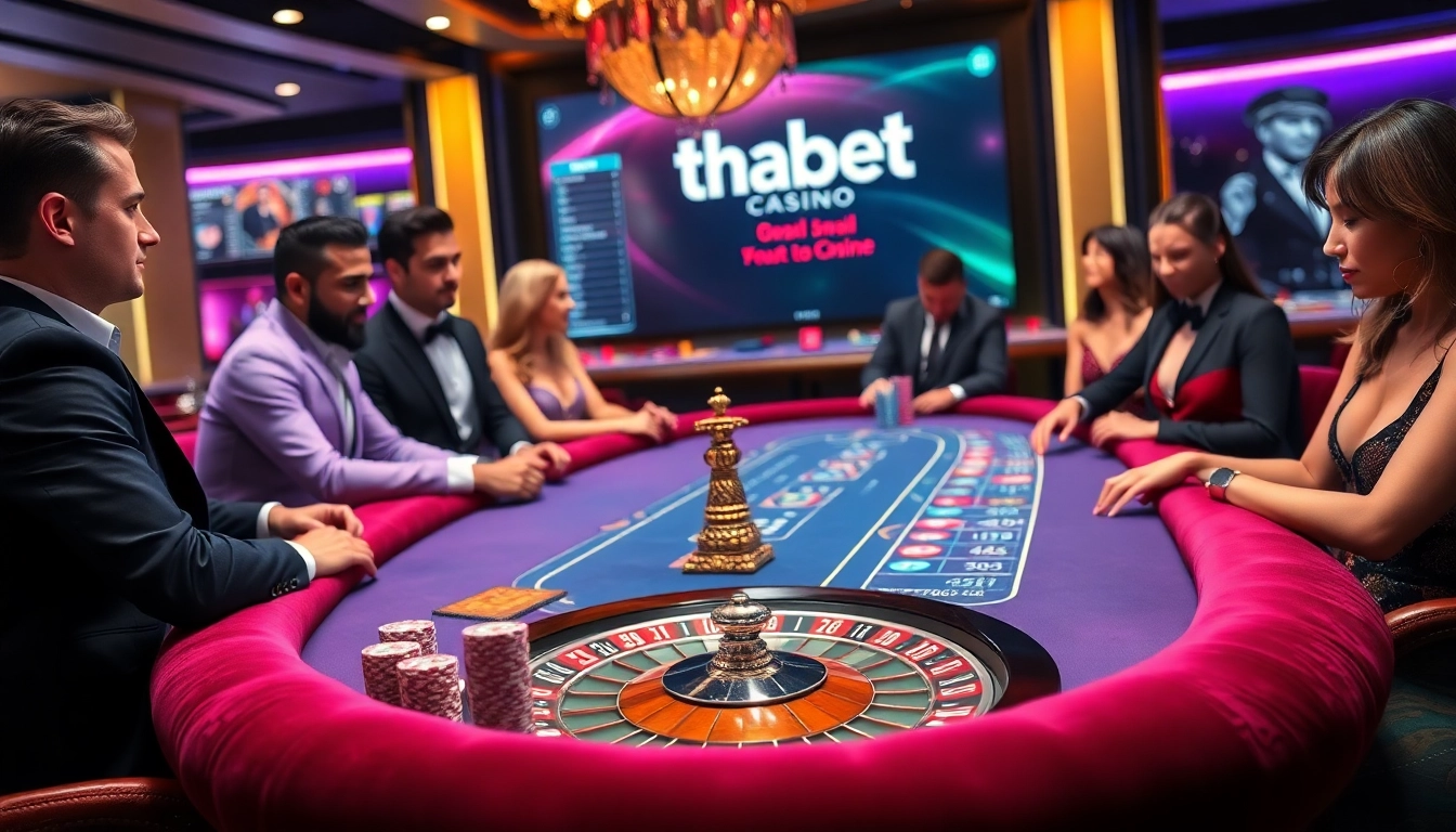 Experience the excitement of thabet casino with players at a baccarat table in a luxurious setting.