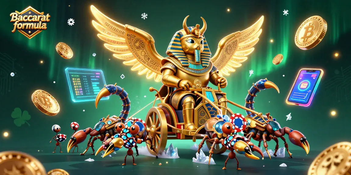 Engage in Baccarat formula strategies with a 3D illustration of a colossal scarab beetle and scorpions in a rich casino atmosphere.