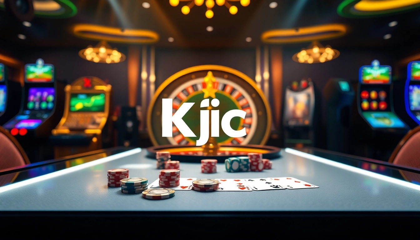 Kjc onl interactive online casino experience with poker table and roulette wheel.