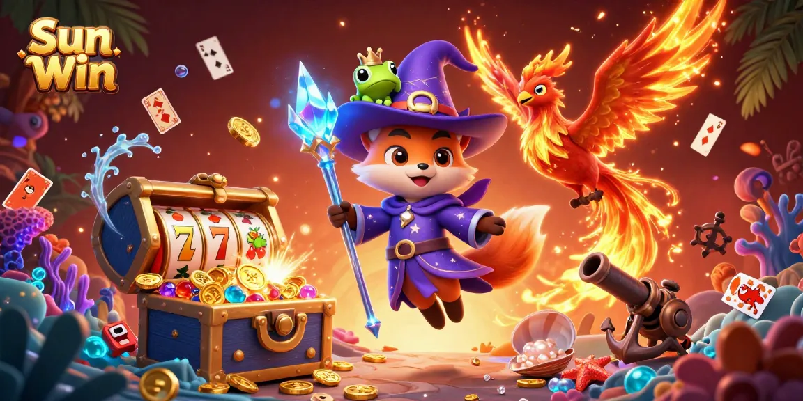Engage in thrilling gaming at Sun Win with a vibrant 3D illustration showcasing a wizard fox and phoenix.